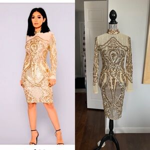 NWT Sheer Mesh Gold Sequin Bodycon Dress Built In Underwear. Small